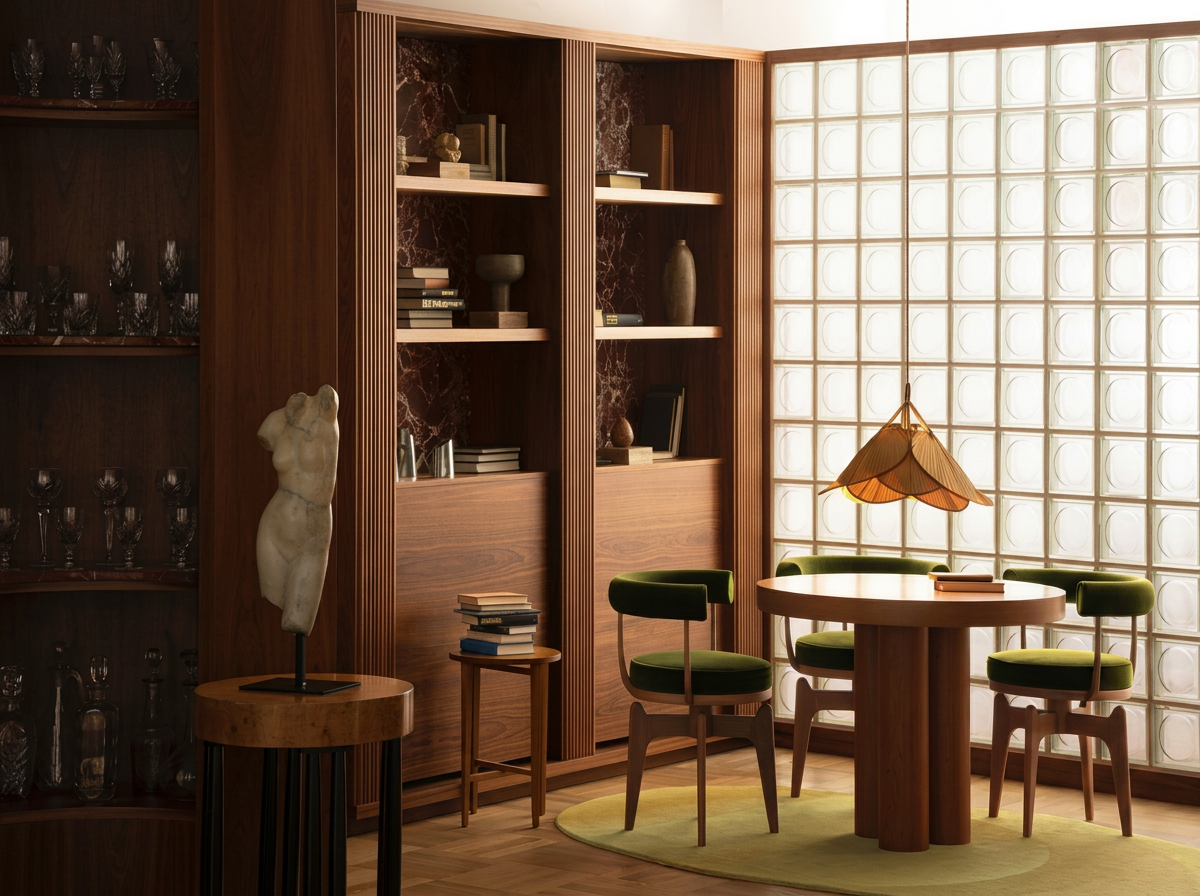 Onyx library lounge with walnut shelving and glass block wall