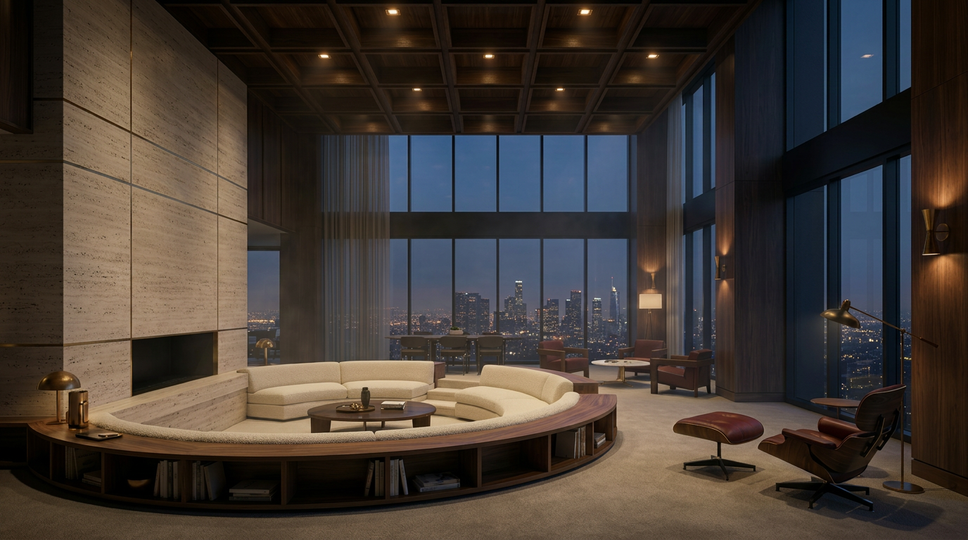 Penthouse great room with circular boucle conversation pit, travertine fireplace, walnut coffered ceiling, and panoramic Los Angeles skyline at dusk