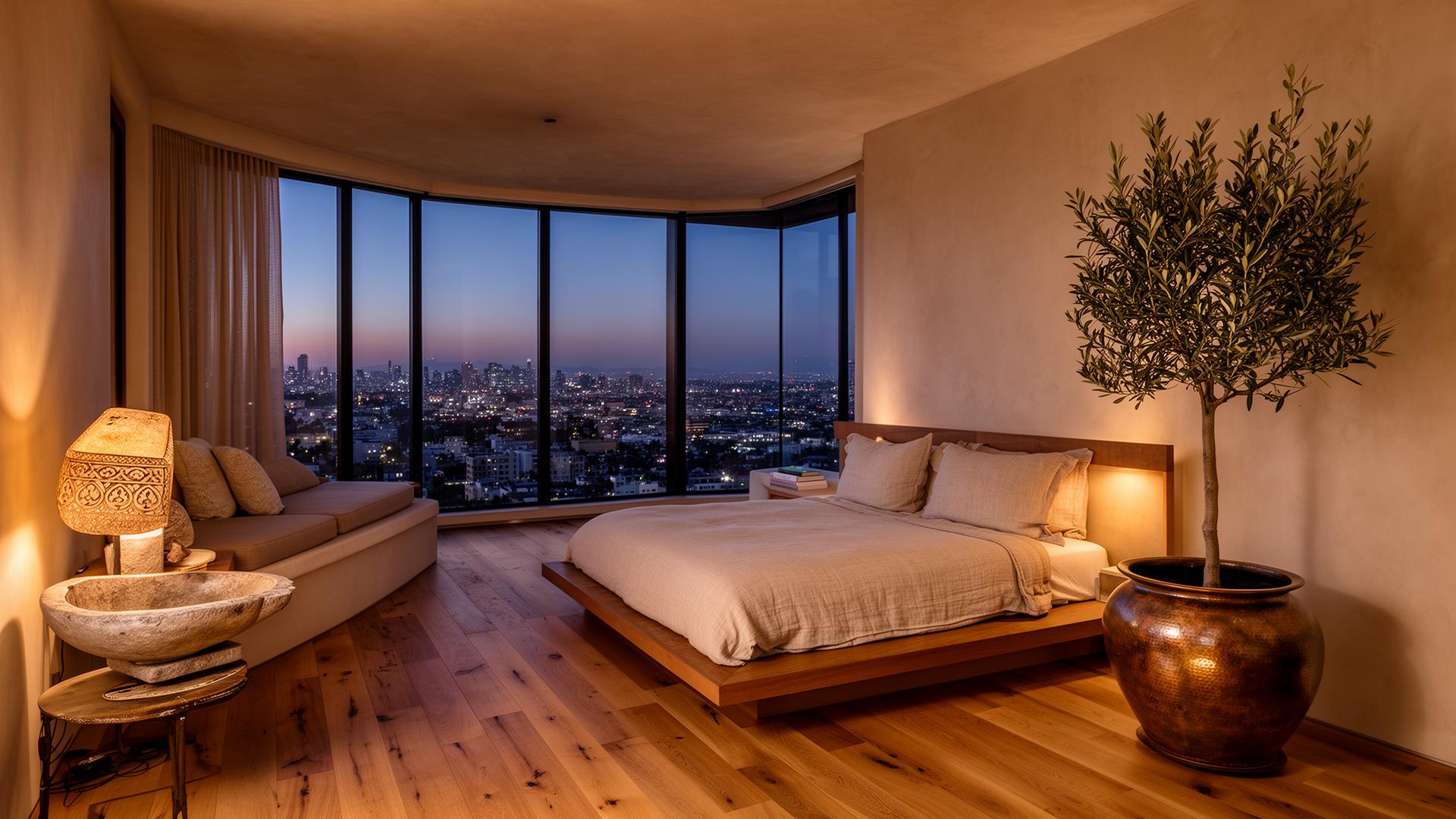 Two-bedroom residence interior at dusk